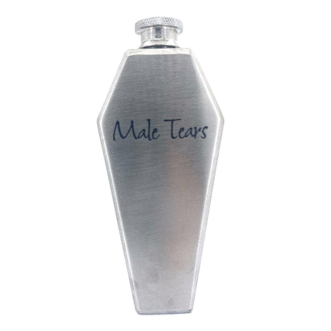 Standing silver stainless steel whiskey coffin flask.