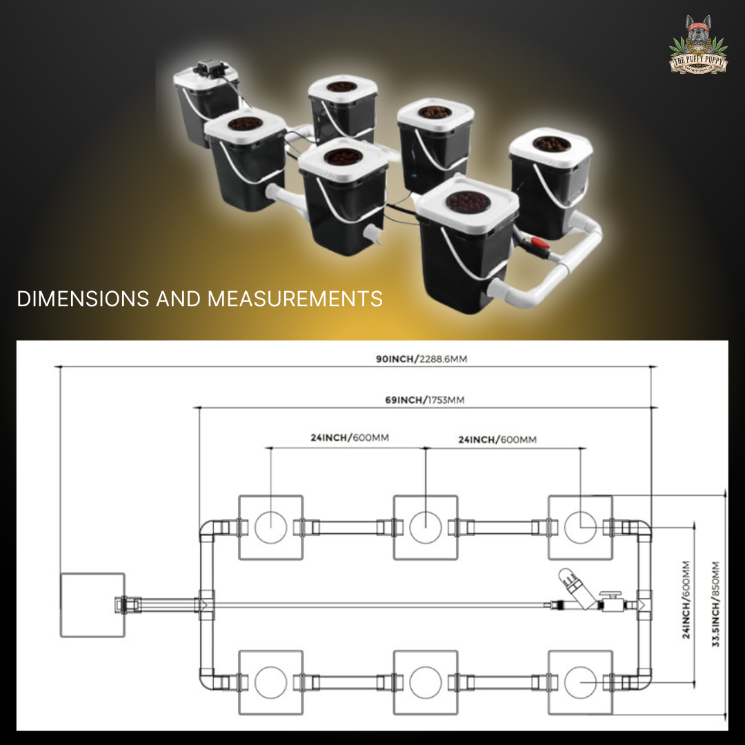 Deep water culture rDWC full 6 site hydroponic system dimension and measurements