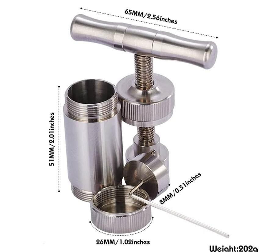 Pollen press with heavy duty stainless steel parts.