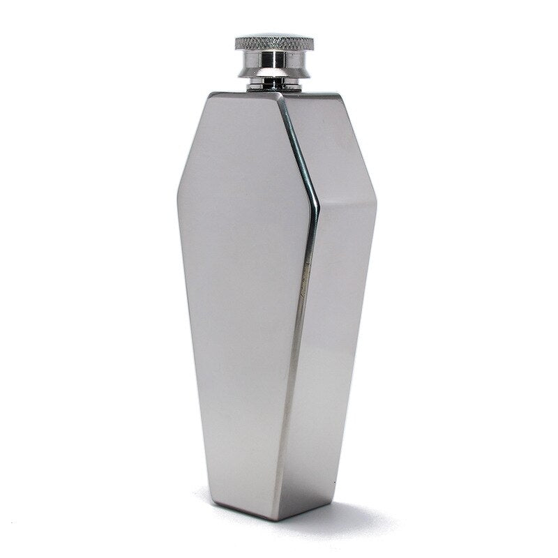 Standing silver stainless steel whiskey coffin flask.