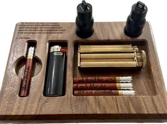 Smoking wooden gift station set with one hitter, stash jar, lighter and rolling machine compartment.